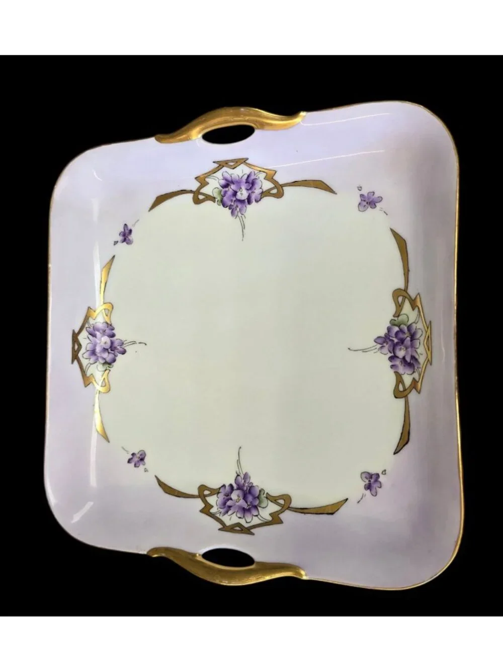 Antique Poetsch Studio Bavaria Hand Painted Violets Gold Gilt Tray 9.5